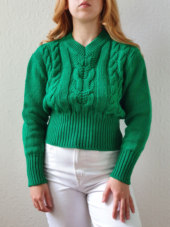 Vintage V-Neck Wool Green Aran Jumper - S