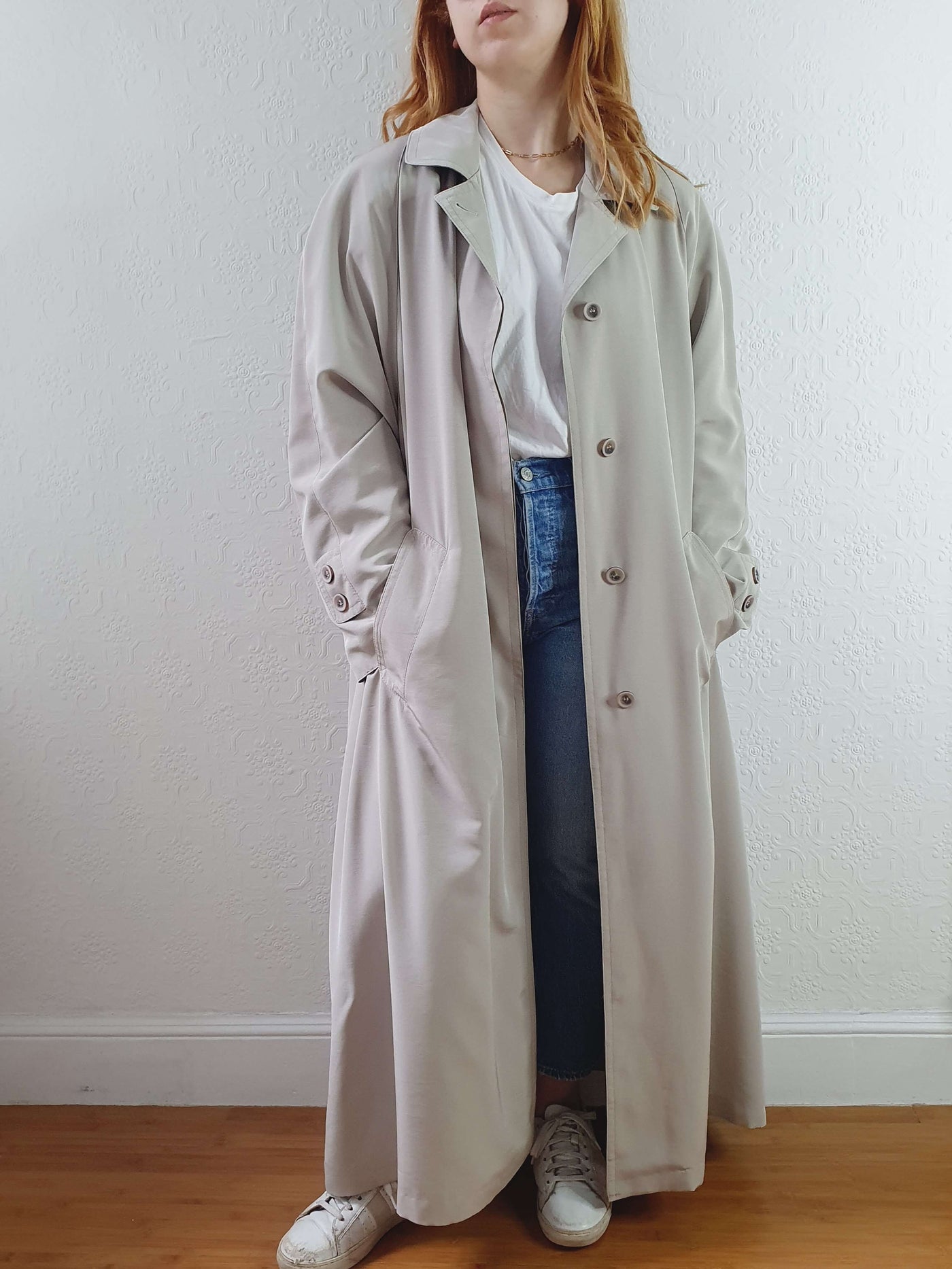 Vintage Grey Single Breasted Long Trench Coat - L