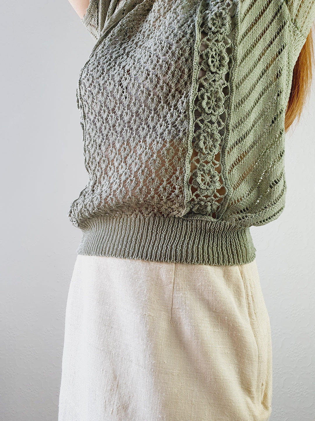 Sage Green Crochet Knit Top - S