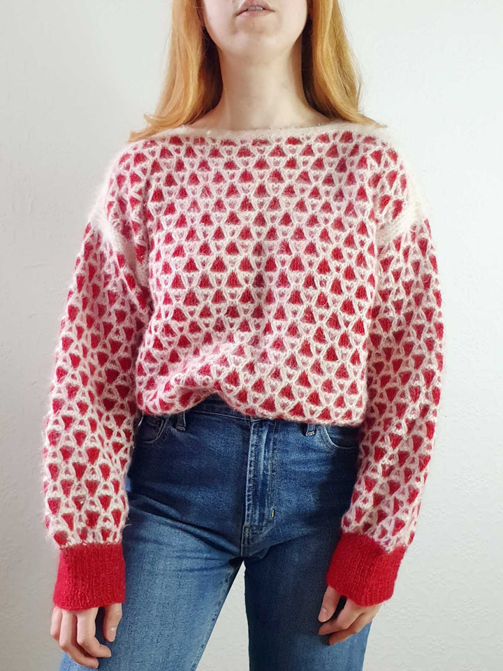 Vintage Red and White Boat Neck Angora Jumper - L/XL