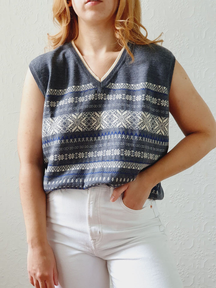 Vintage Grey Fairisle Wool V-Neck Vest - M