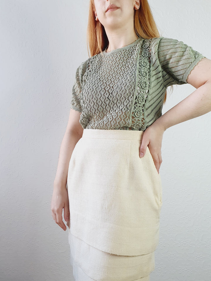 Sage Green Crochet Knit Top - S