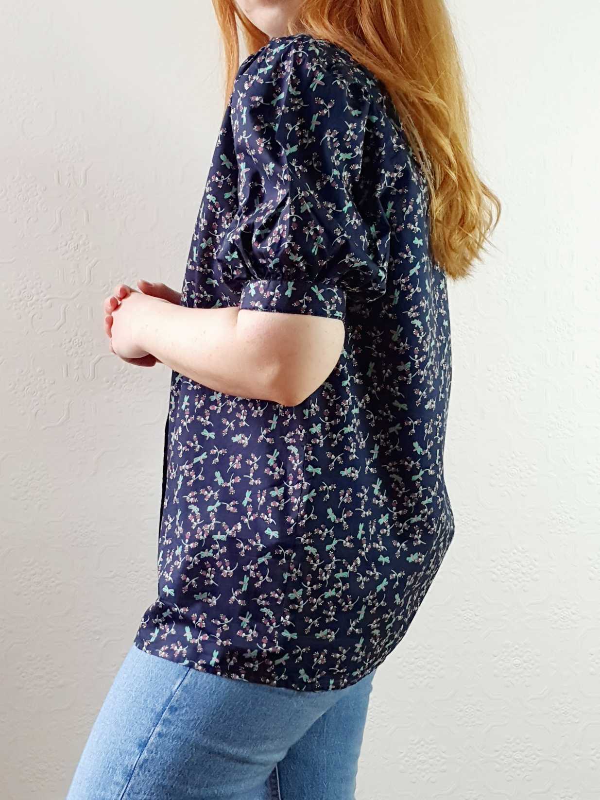 Vintage Navy Floral Puff Sleeve Cotton Blouse - S/M