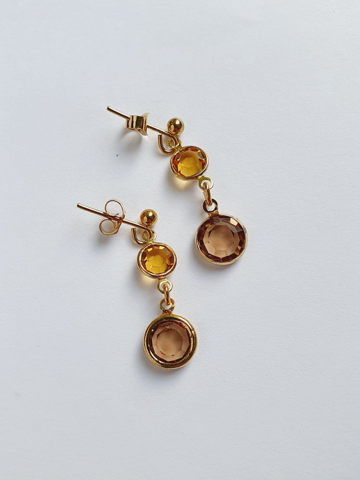 Vintage Gold Plated Amber Crystal Drop Earrings