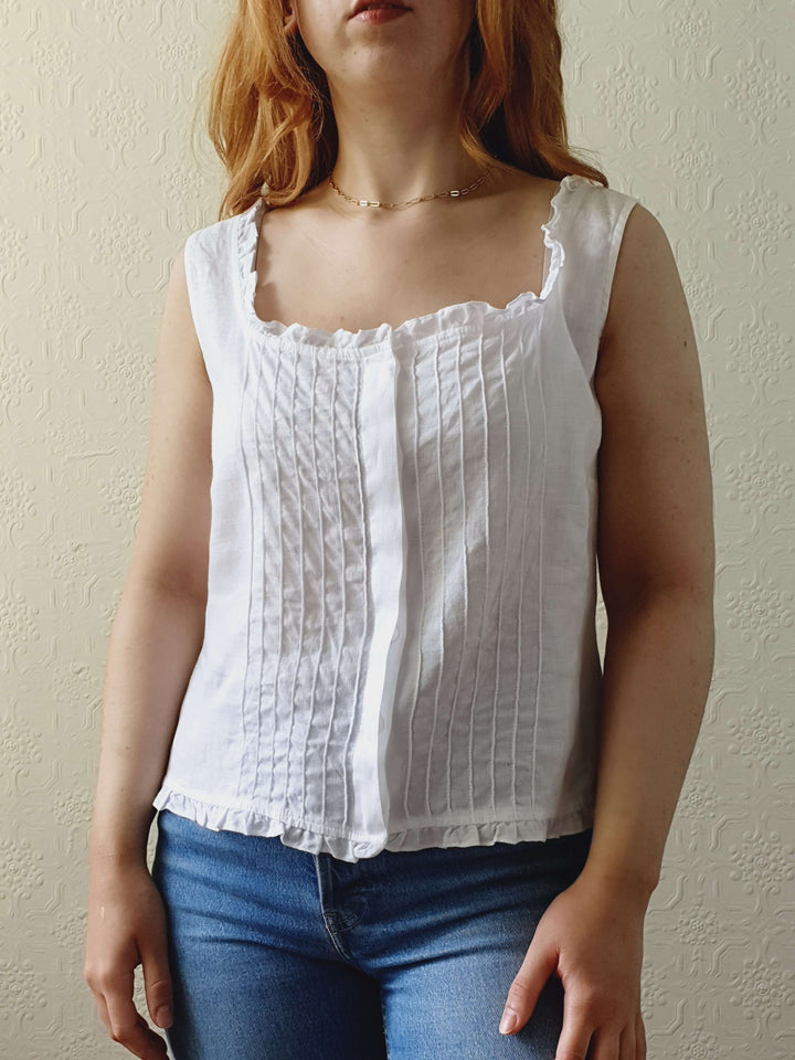 Vintage White Linen Sleeveless Top with Square Neckline - M/L