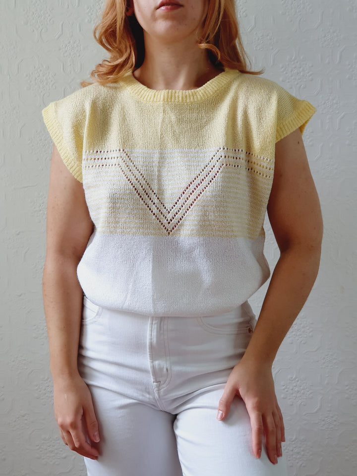 Vintage 70s White & Yellow Knitted Vest - M/L