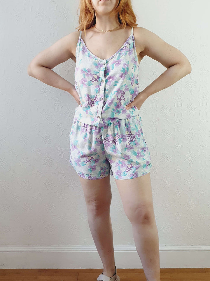 Vintage 80s Pastel Floral Spaghetti Strap Playsuit - S/M