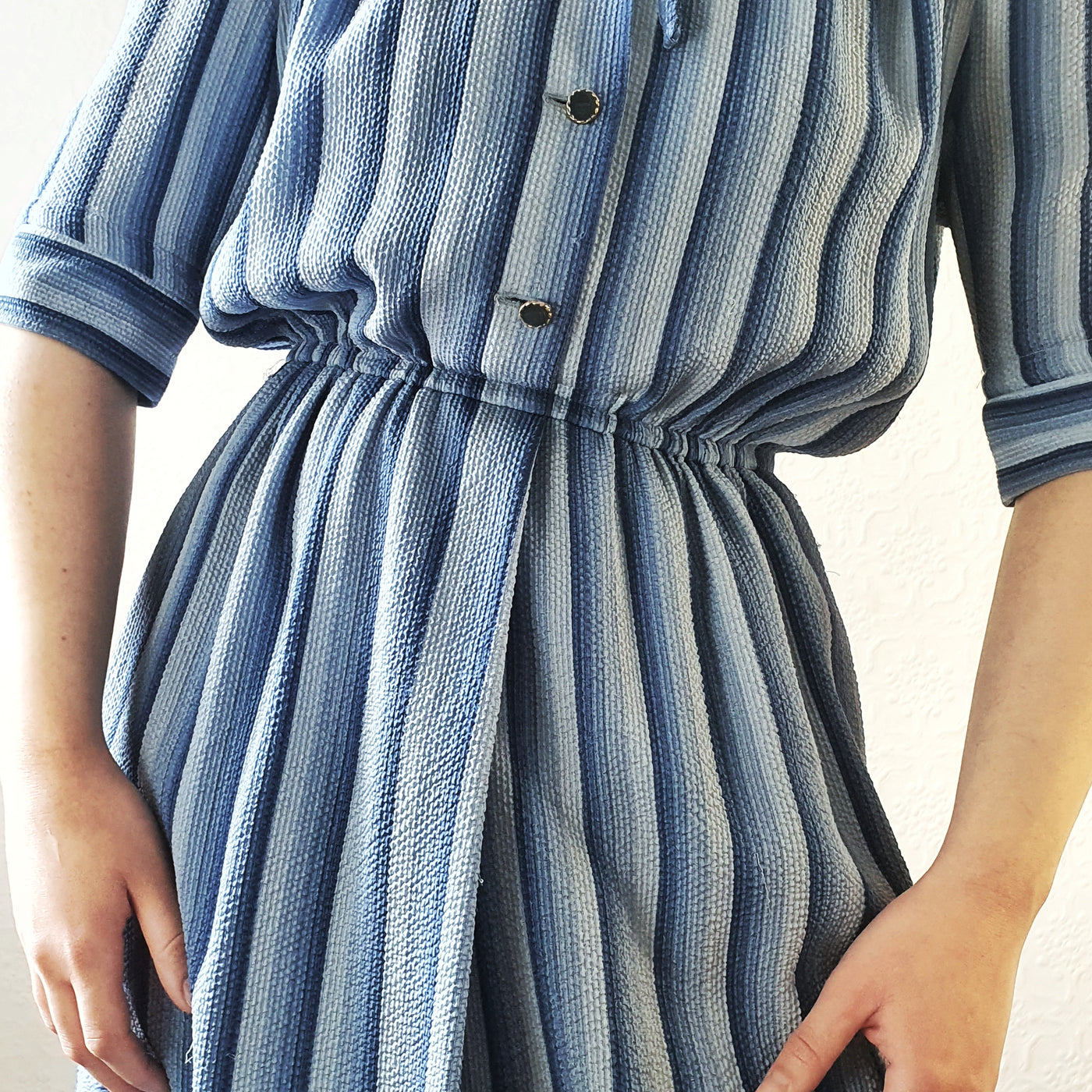Vintage 100% Silk Blue Striped Dress - M