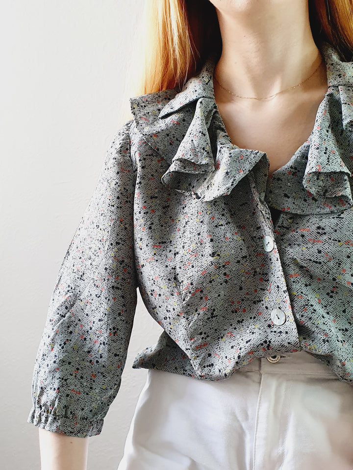 Vintage Speckled Blouse with Ruffled Collar • S-M