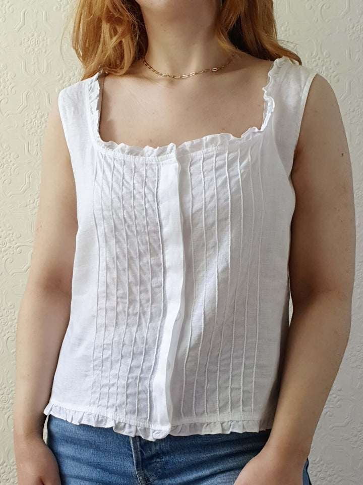 Vintage White Linen Sleeveless Top with Square Neckline - M/L