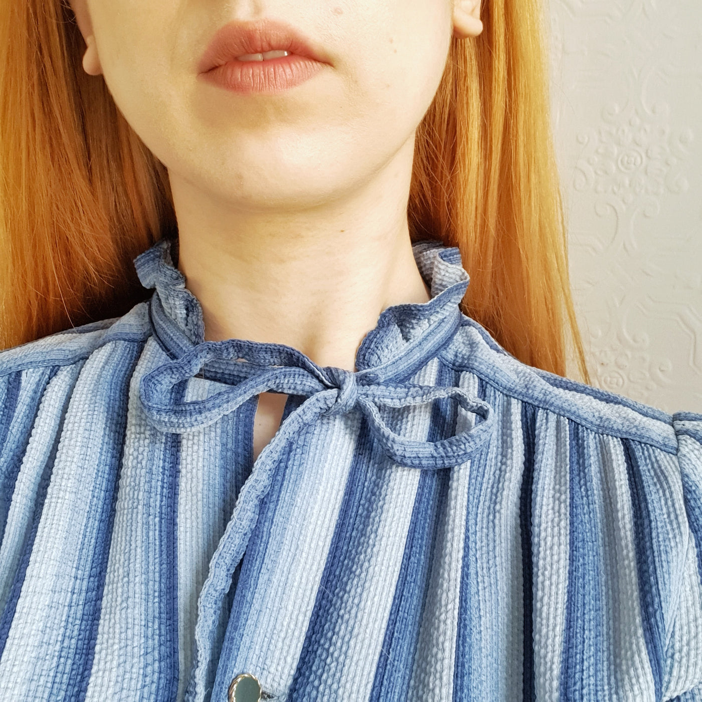 Vintage 100% Silk Blue Striped Dress - M