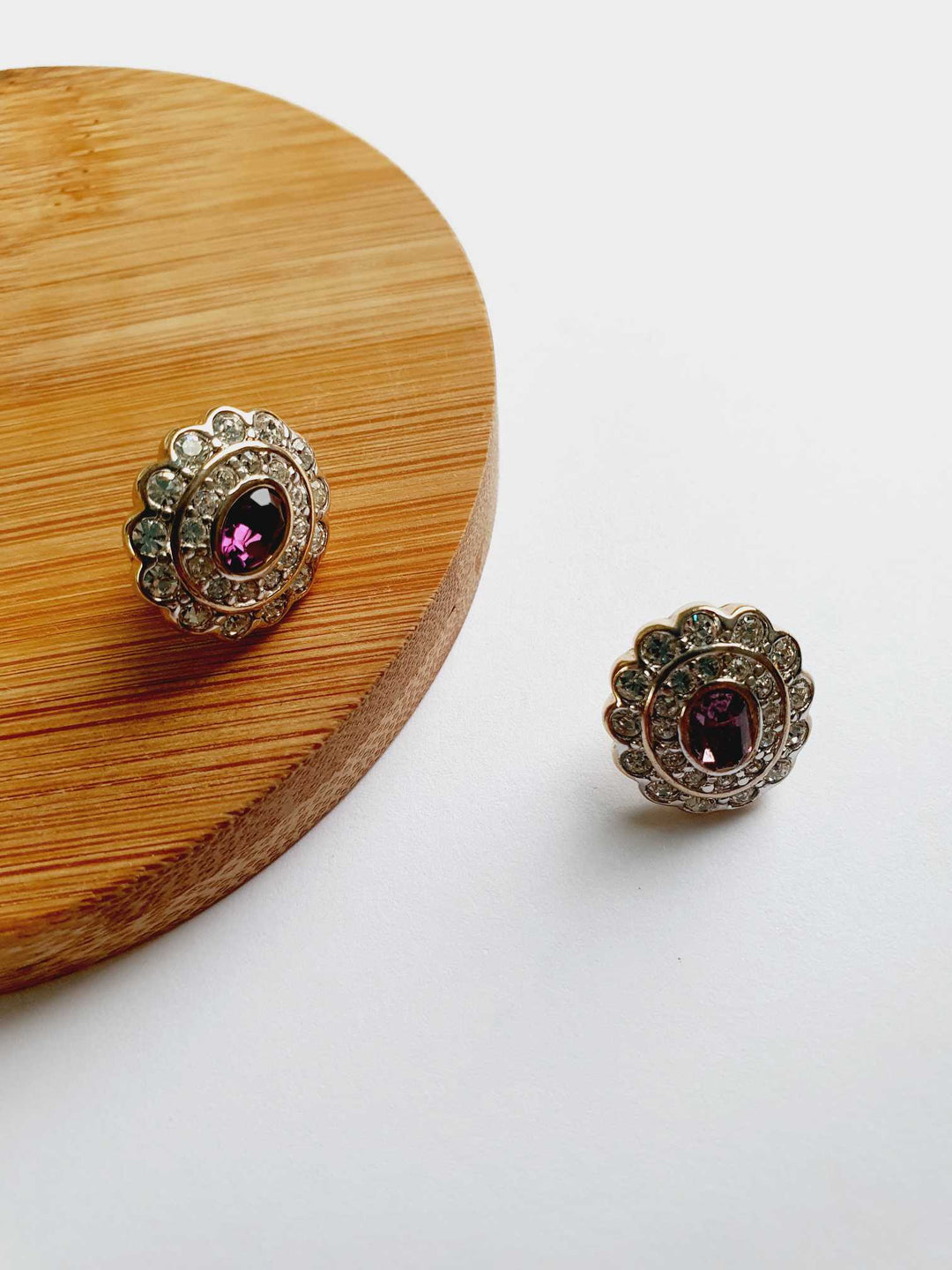 Vintage Gold Toned Clear & Purple Crystal Stud Earrings