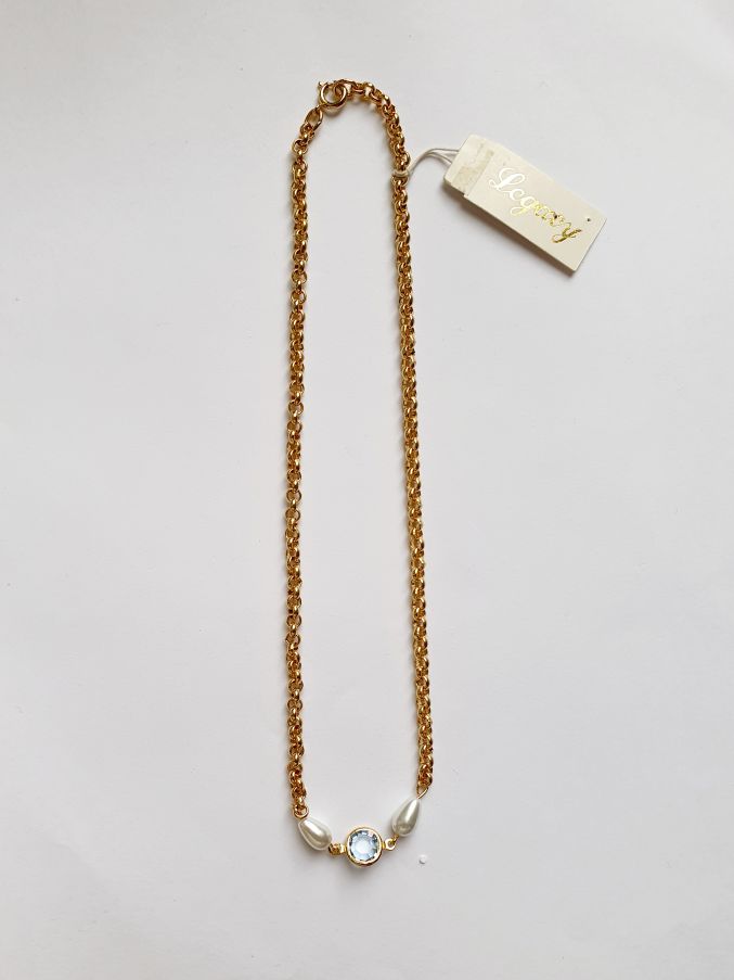 Vintage Gold Plated Chain Necklace with Pearls & Blue Crystal