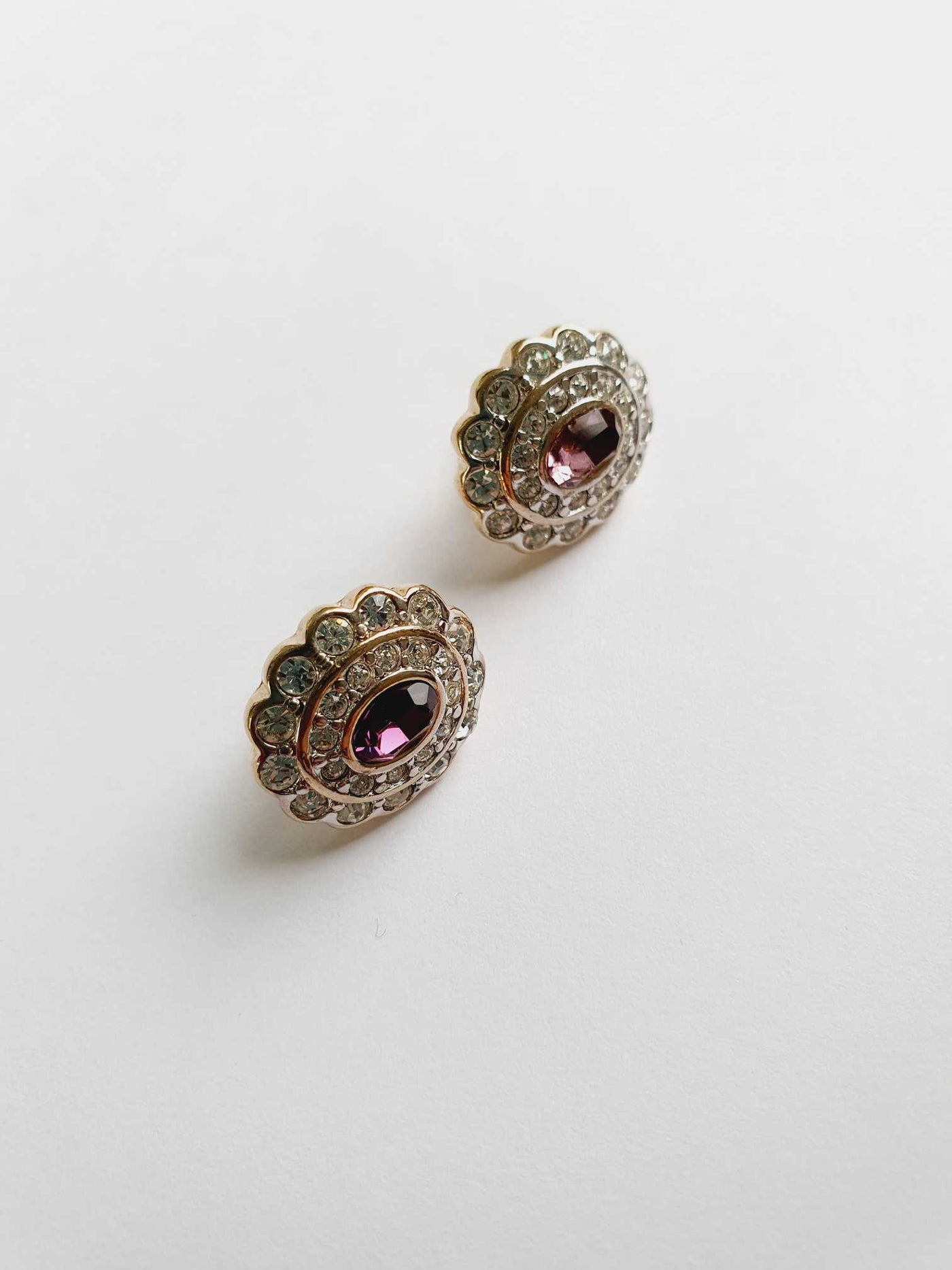 Vintage Gold Toned Clear & Purple Crystal Stud Earrings