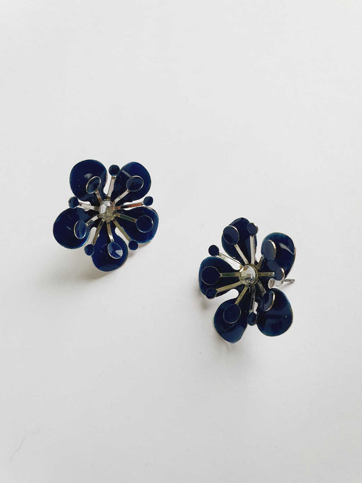 Vintage Silver Toned Blue Flower Stud Earrings