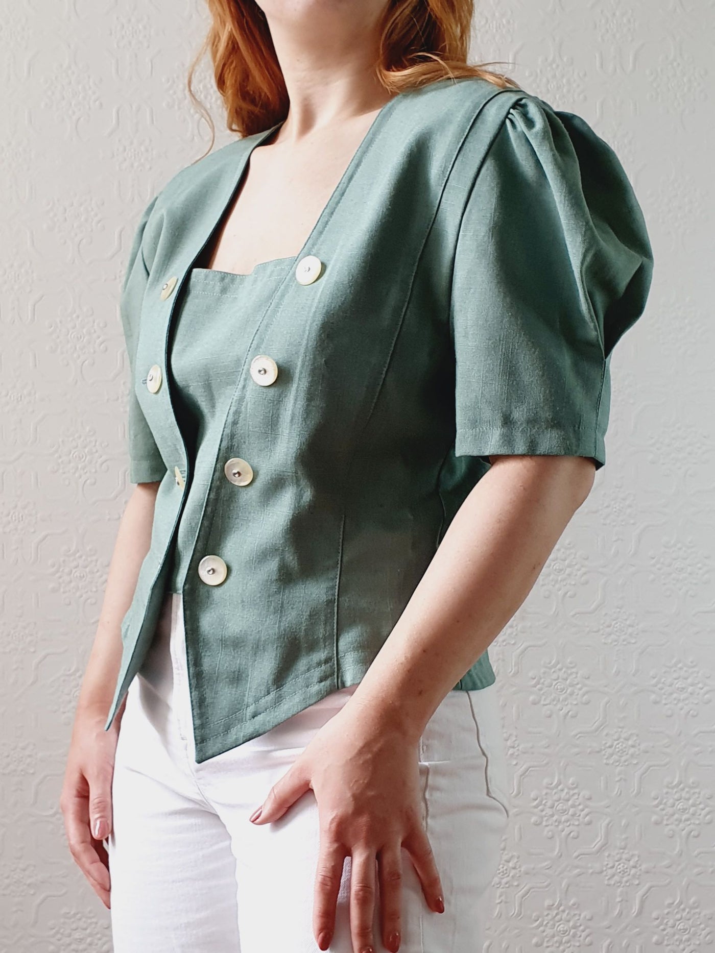 Vintage 80s Muted Green Puff Sleeve Blouse with Square Neckline - M