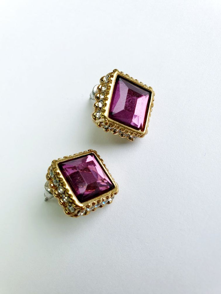 Vintage Gold Toned Purple Crystal Stud Earrings