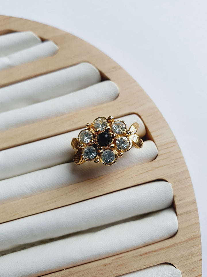 Vintage Gold Plated Clear & Black Crystal Flower Cocktail Ring