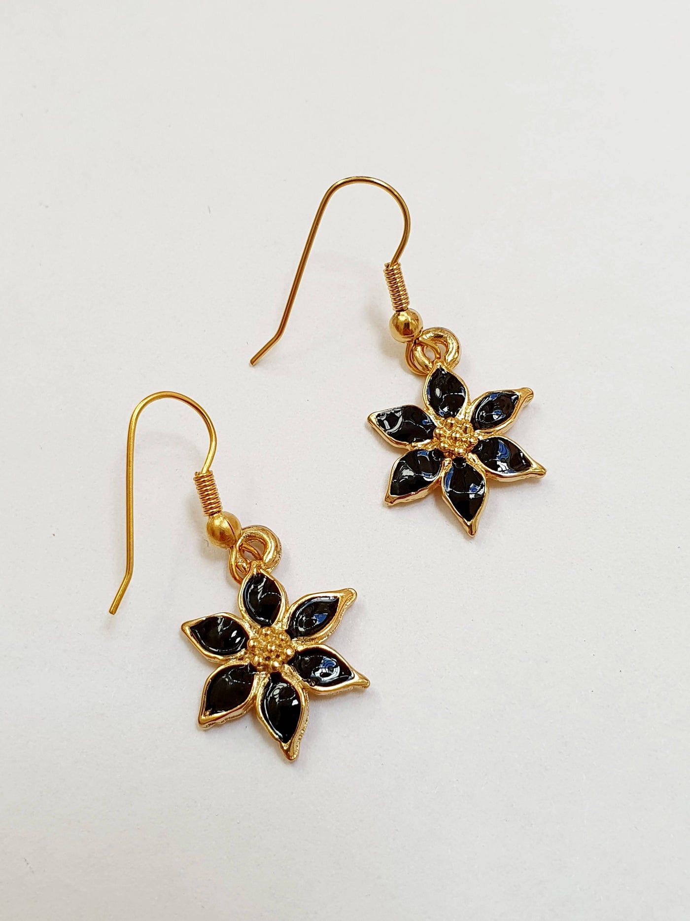 Vintage Gold Plated Black Enamel Drop Flower Earrings