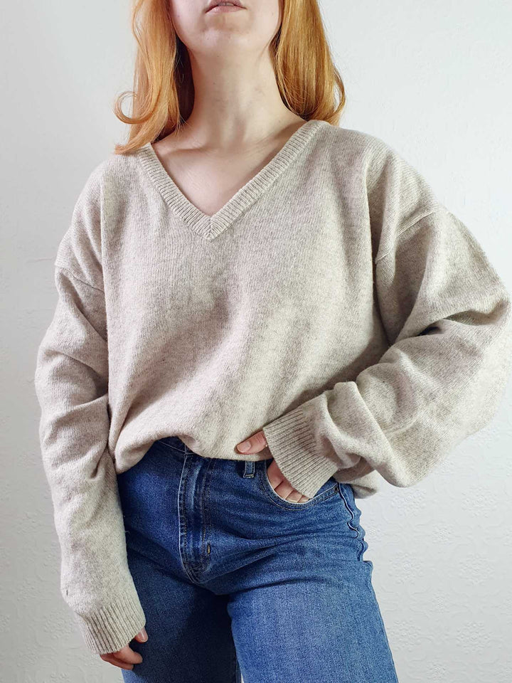 Vintage Pure Wool Beige V-Neck Jumper - XXL