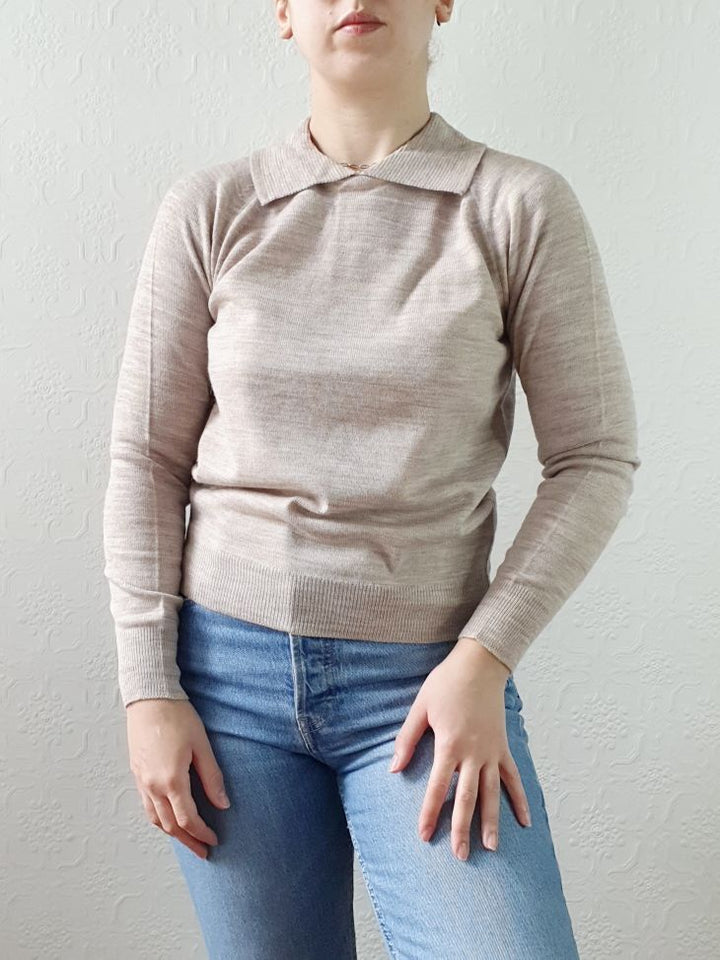 Vintage Taupe Polo Style Long Sleeve Jumper with Collared Neck - XS