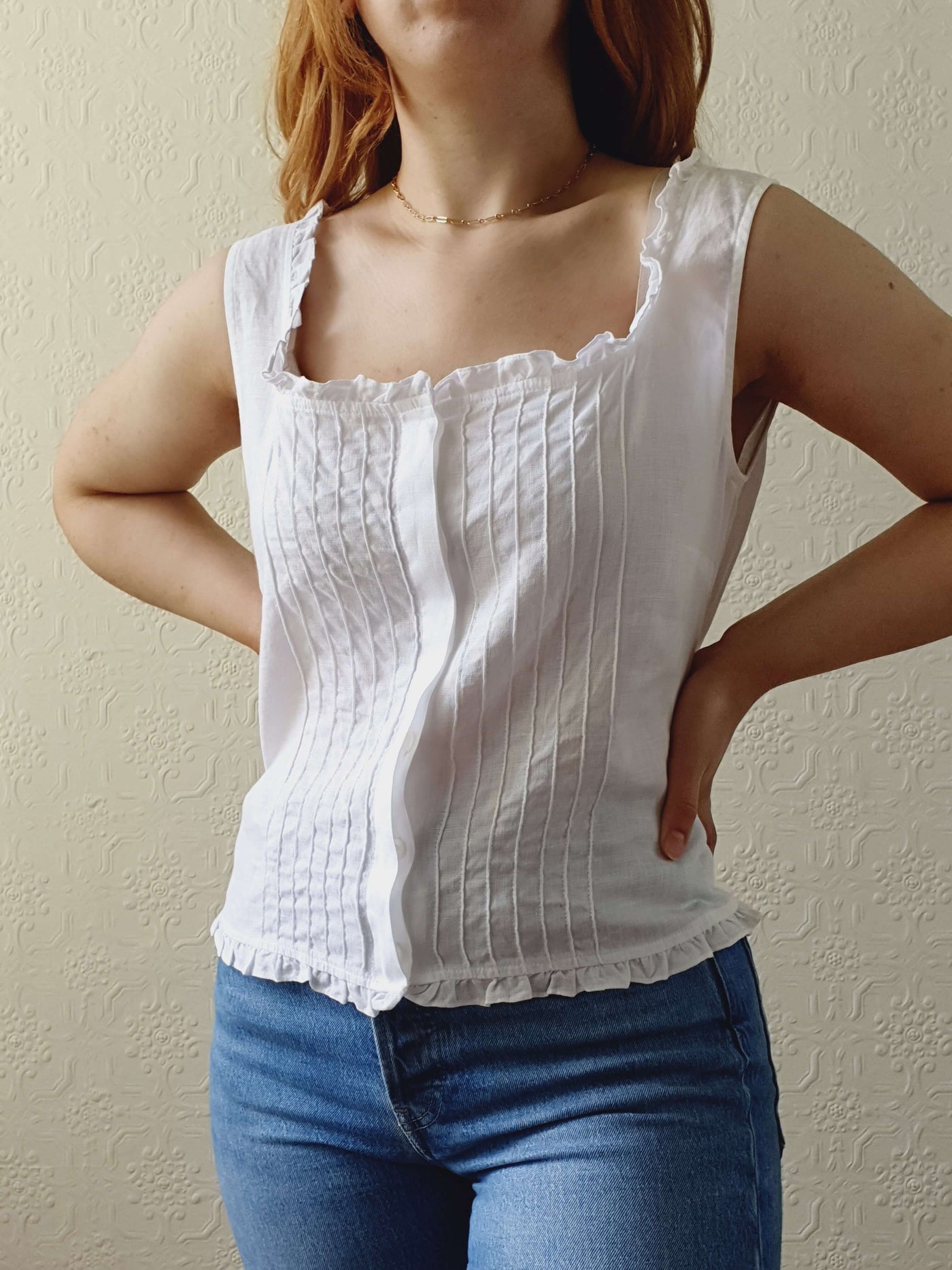 Vintage White Linen Sleeveless Top with Square Neckline - M/L