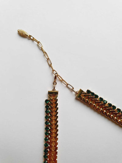 Vintage Gold Plated Herringbone Chain Necklace with Emerald Crystals