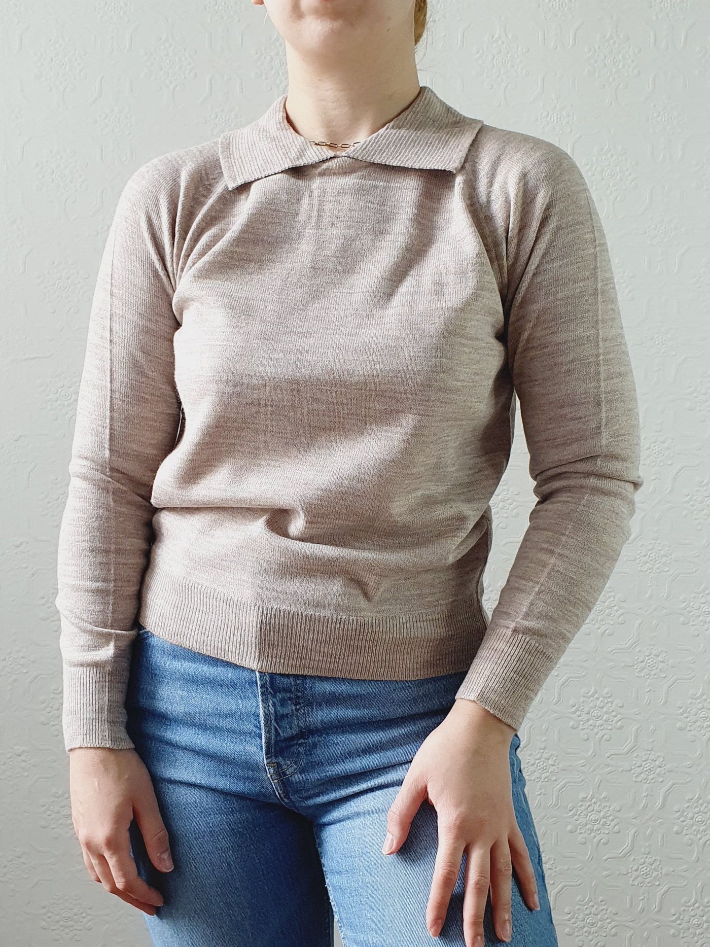 Vintage Taupe Polo Style Long Sleeve Jumper with Collared Neck - XS