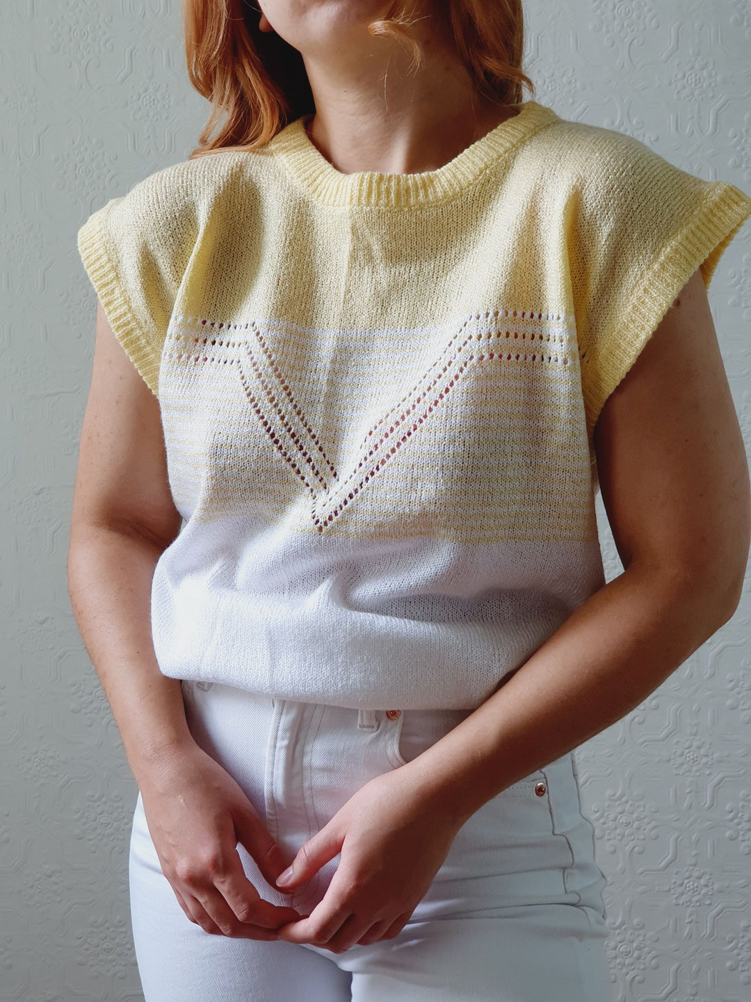 Vintage 70s White & Yellow Knitted Vest - M/L