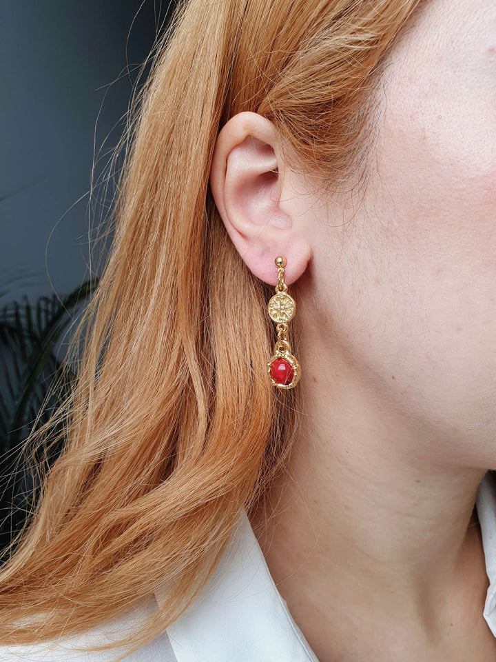 Vintage 80s Gold Plated Textured Drop Earrings with Red Charm