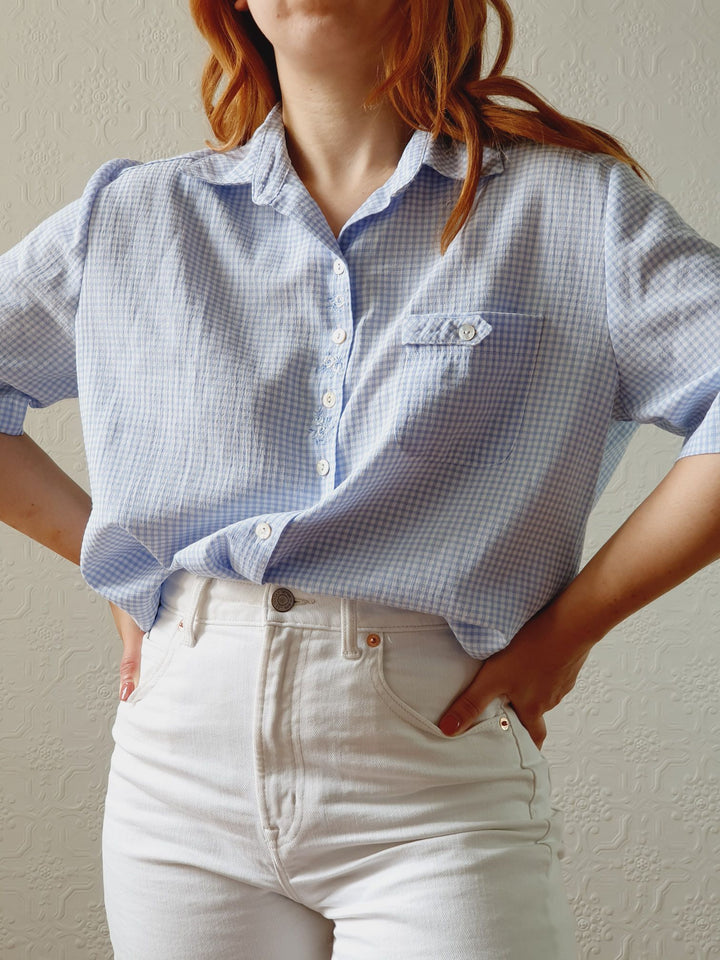 Vintage 80s Blue & White Gingham Short Sleeve Blouse - M/L