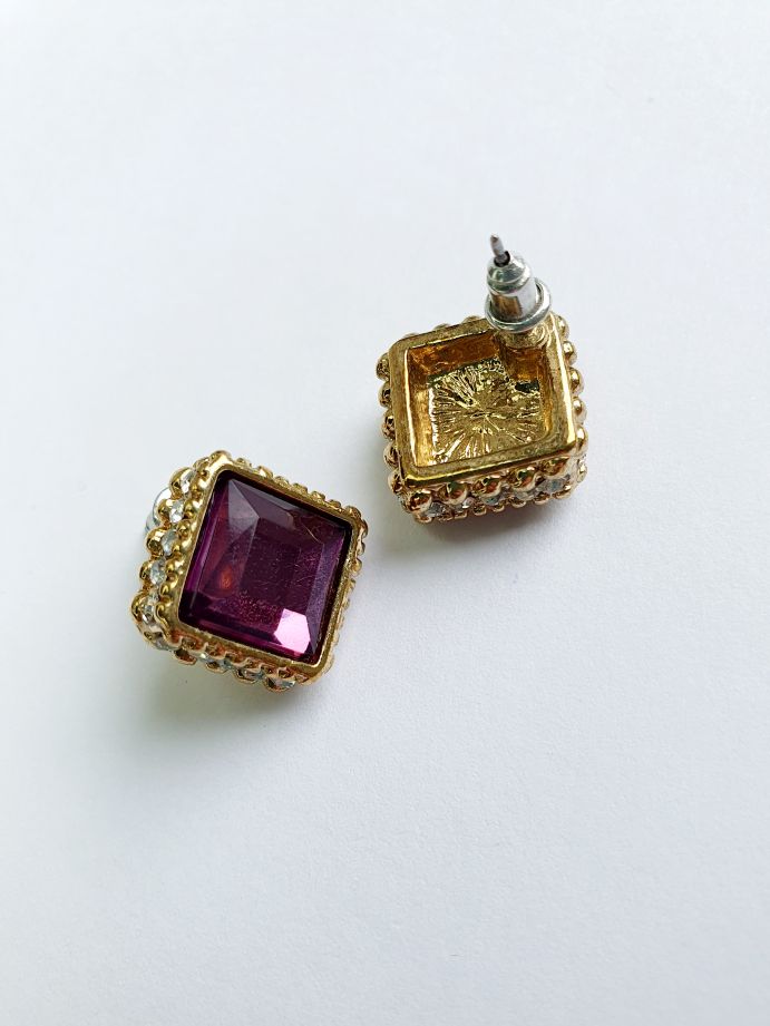 Vintage Gold Toned Purple Crystal Stud Earrings