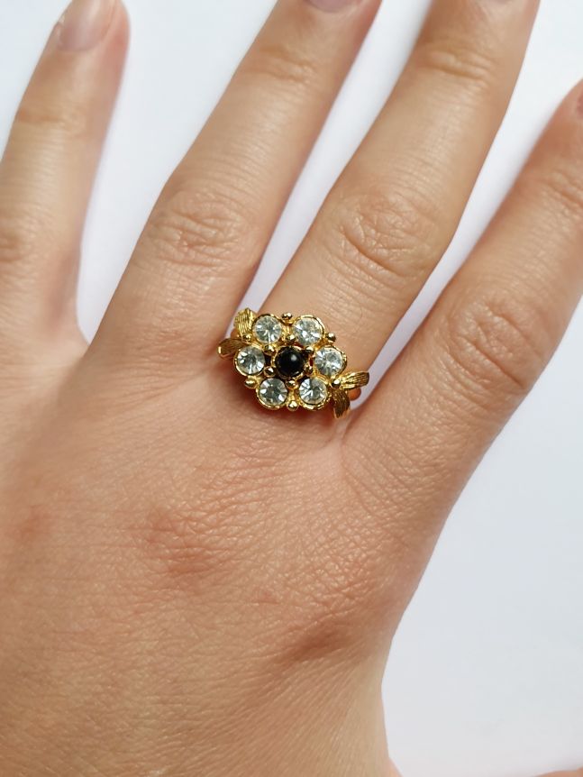 Vintage Gold Plated Clear & Black Crystal Flower Cocktail Ring