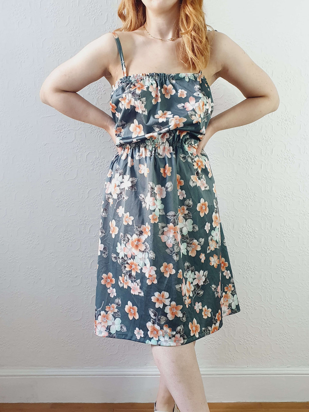 Vintage Handmade Green Floral Spaghetti Strap Dress - L/XL