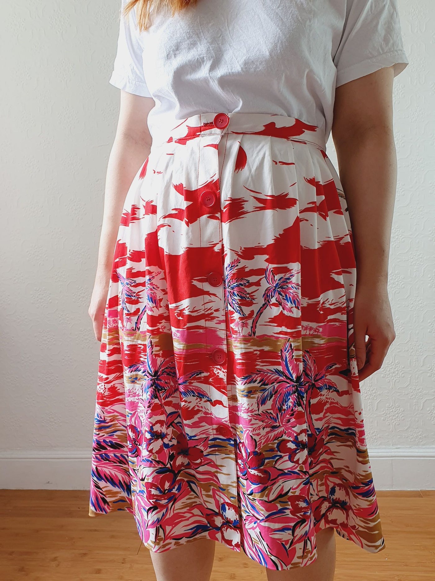 Vintage Handmade White & Red Tropical Pattern Skirt - M