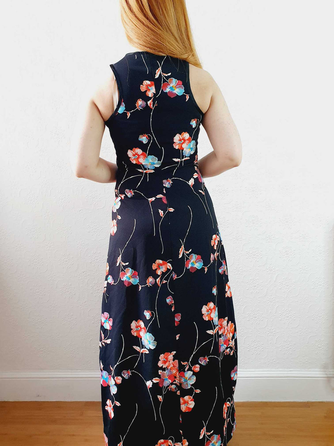 Vintage Handmade 90s Black Floral Sleeveless Maxi Slip Dress - XS/S