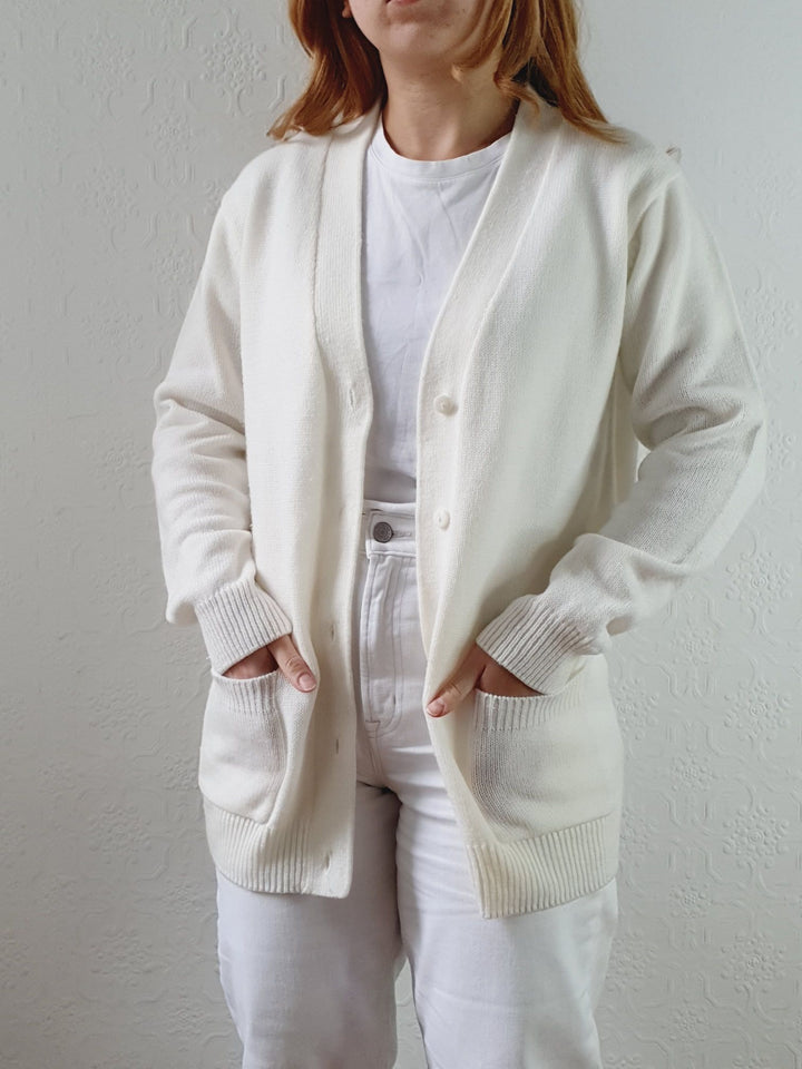 Vintage 80s Cream V-Neck Cardigan - M