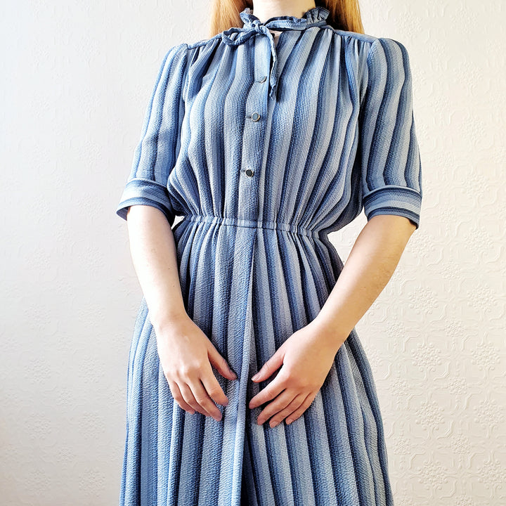 Vintage 100% Silk Blue Striped Dress - M