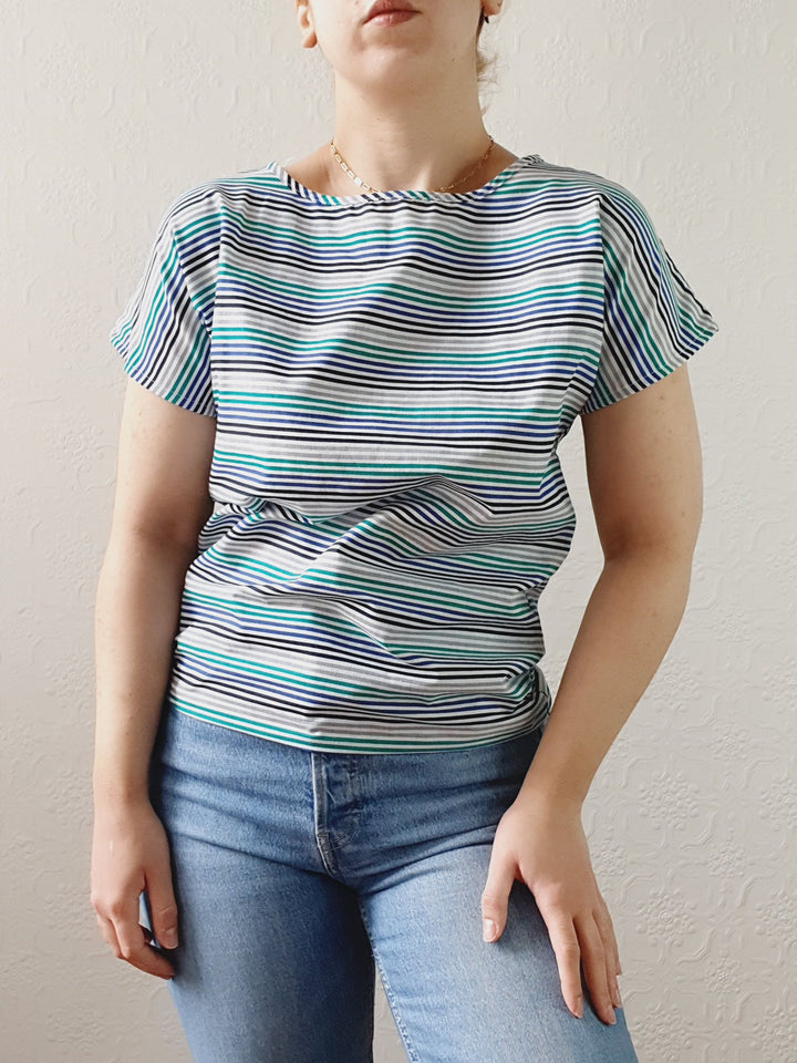 Vintage 80s Blue & Green Striped Tee with Batwing Short Sleeves - S