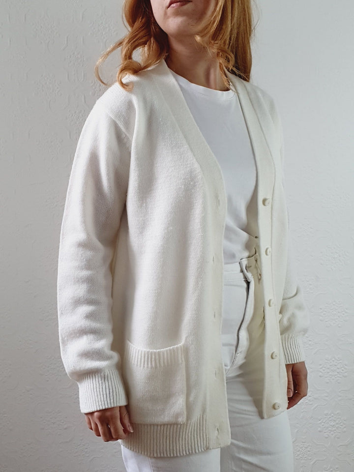 Vintage 80s Cream V-Neck Cardigan - M