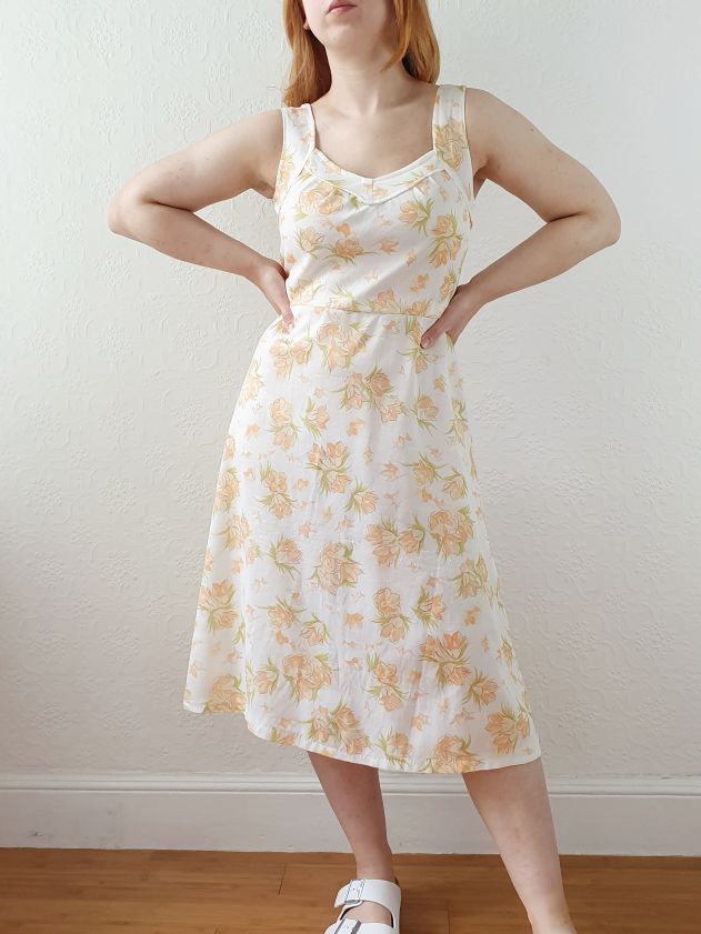 Vintage Cream Floral Sleeveless Dress - S/M