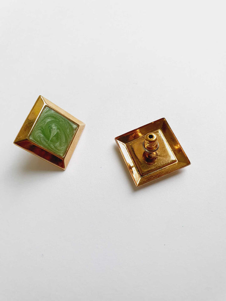 Vintage Gold Plated Green Enamel Stud Earrings