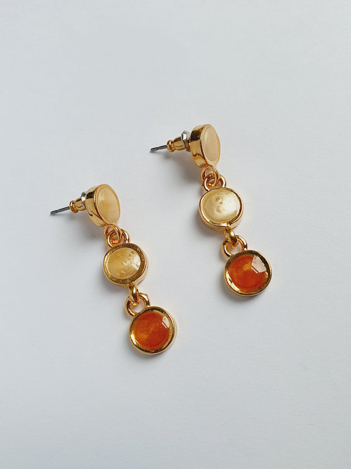 Vintage Gold Plated Drop Earrings with Copper & Beige Enamel