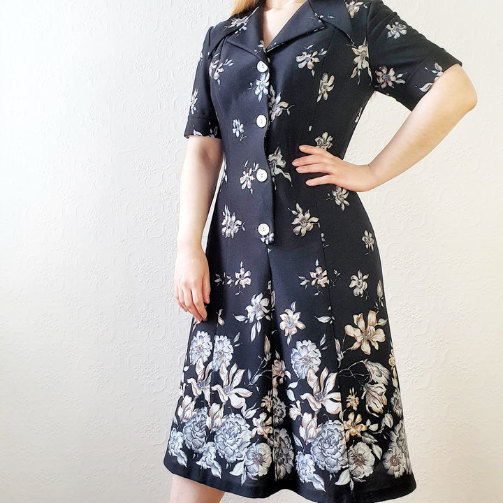 70s Black Floral Dress - M