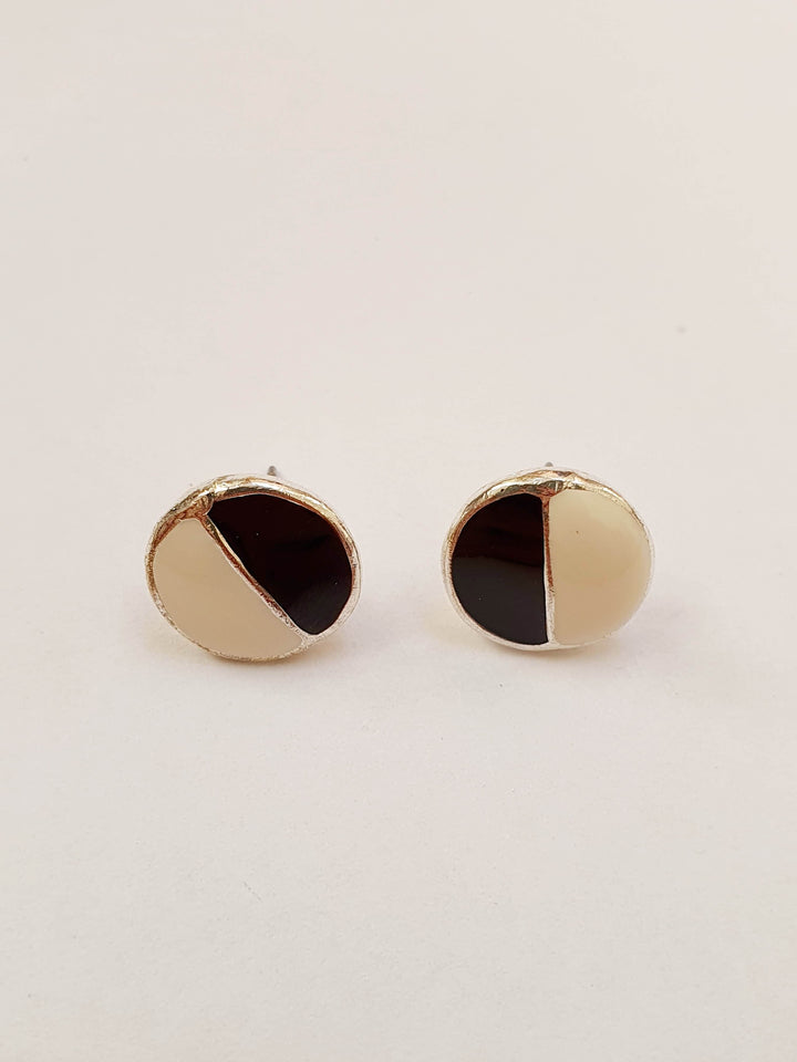 Vintage Silver Plated Black & White Round Stud Earrings