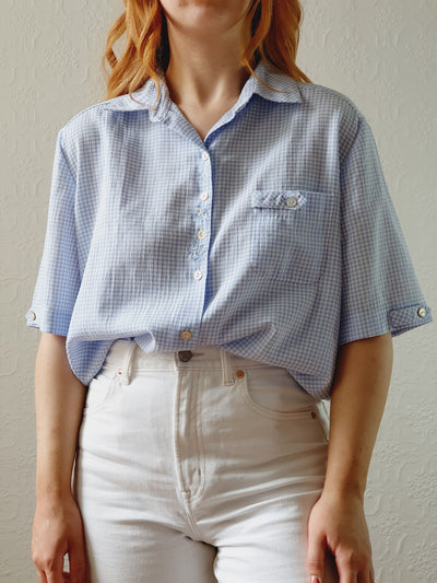 Vintage 80s Blue & White Gingham Short Sleeve Blouse - M/L