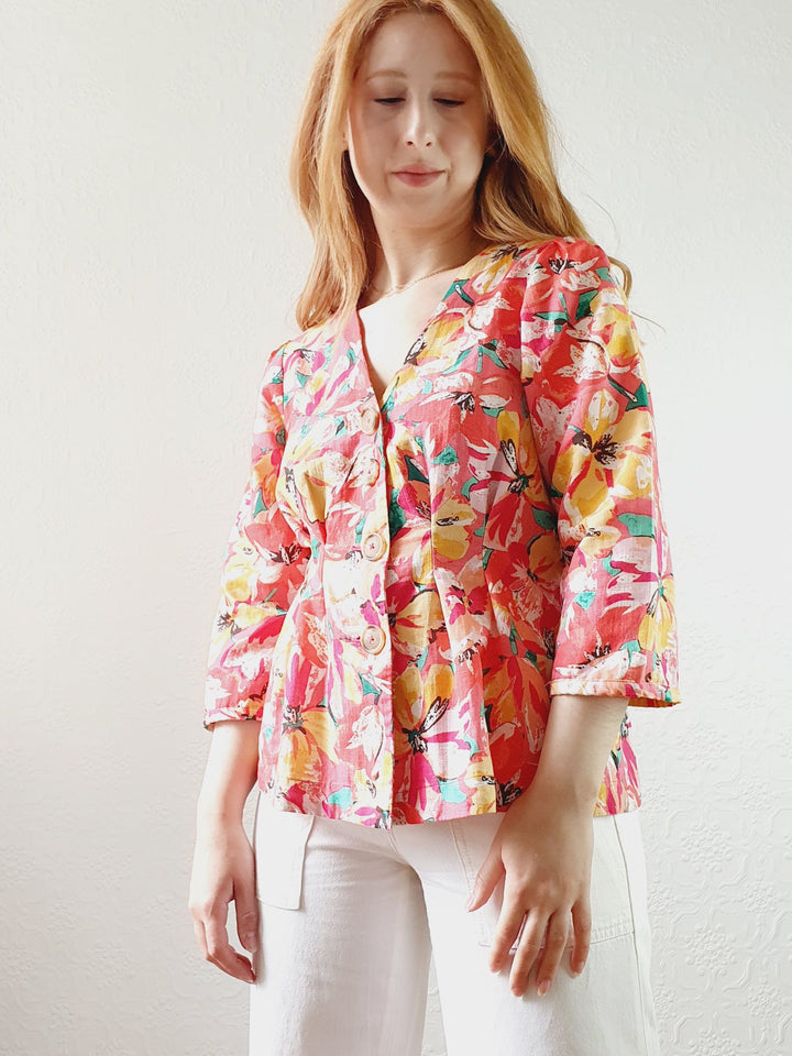 V-Neck Pink Floral Linen Blouse - S