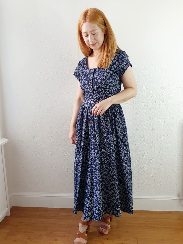 Vintage Navy Ditsy Floral Print Dress - S