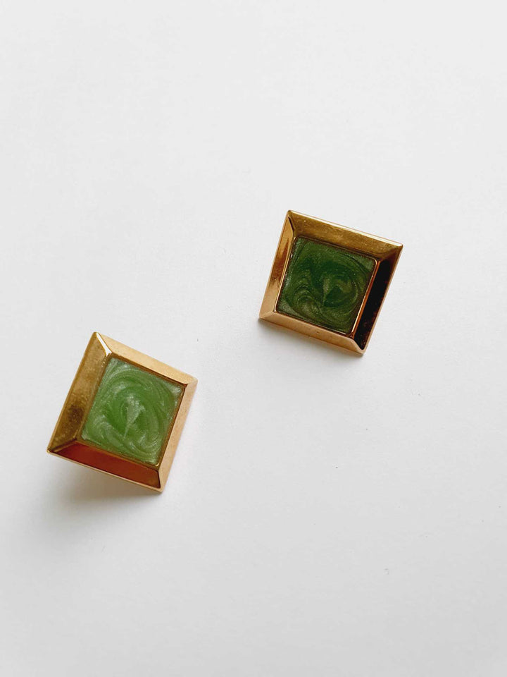 Vintage Gold Plated Green Enamel Stud Earrings