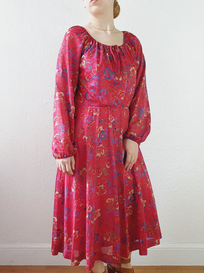 Vintage 80s Red Floral Dress with Long Balloon Sleeves - M